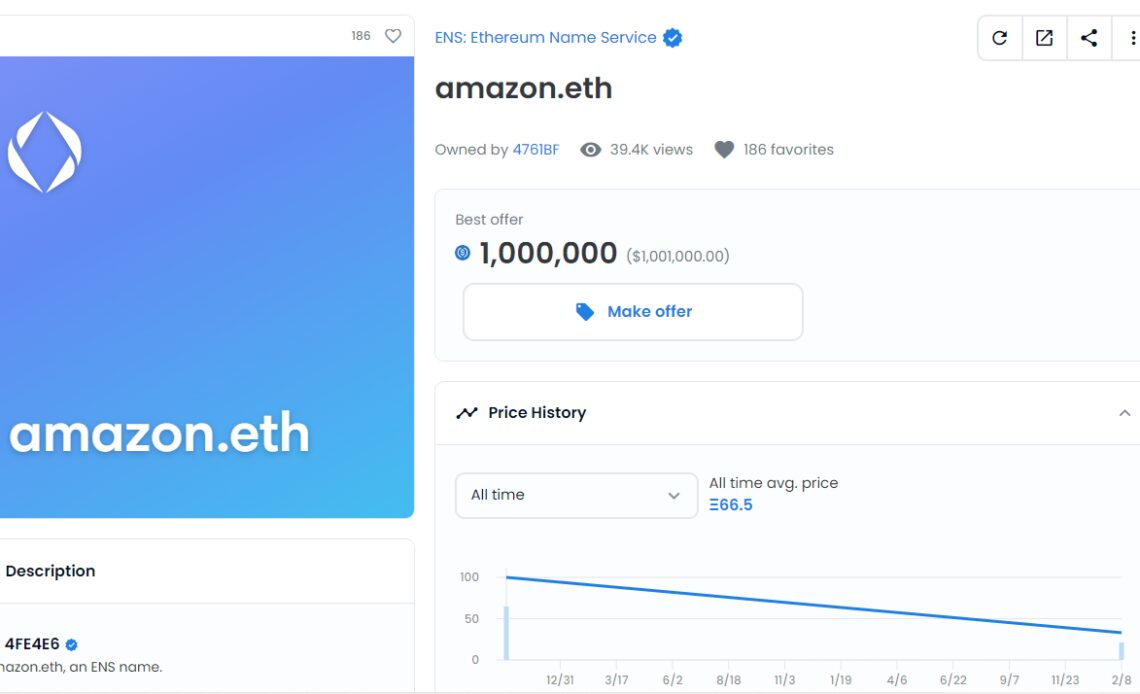 Amazon.eth ENS domain owner disregards 1M USDC buyout offer on Opensea