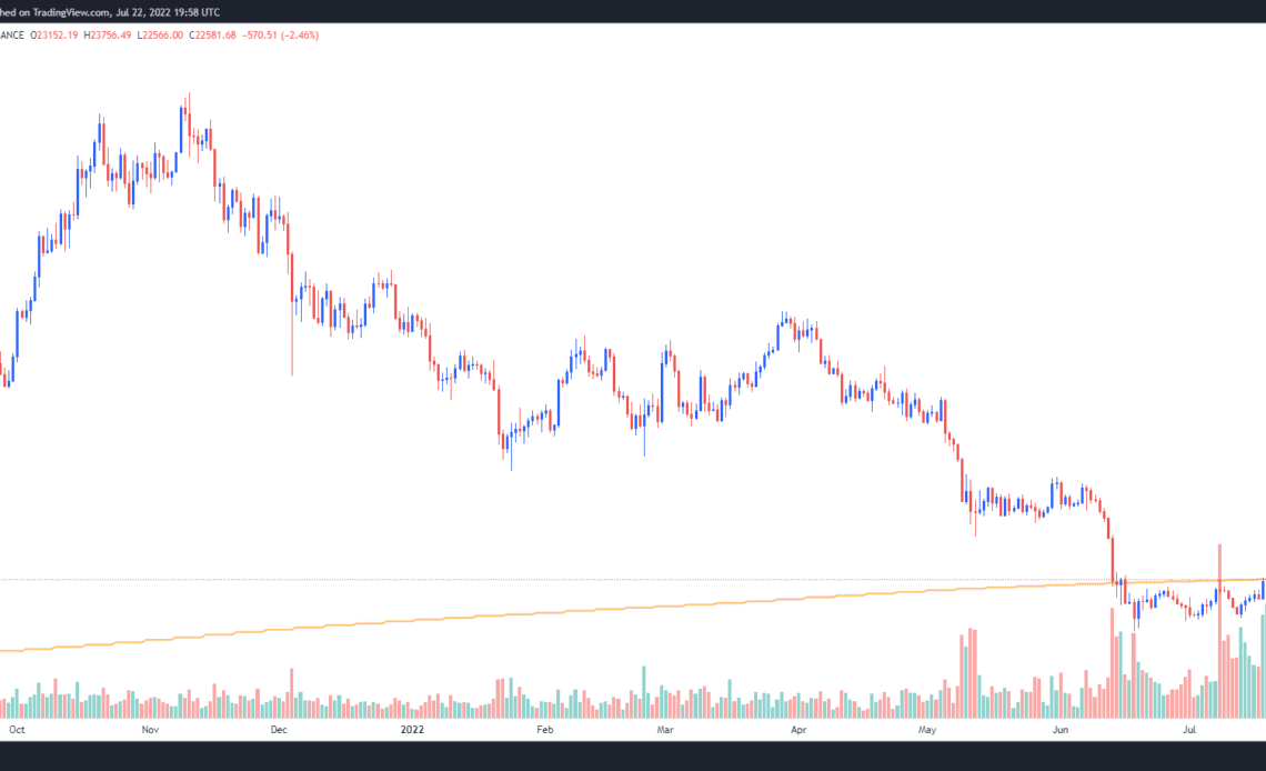 Bitcoin dips to $22.6K, risking further losses if it fails to hold above 200-week MA