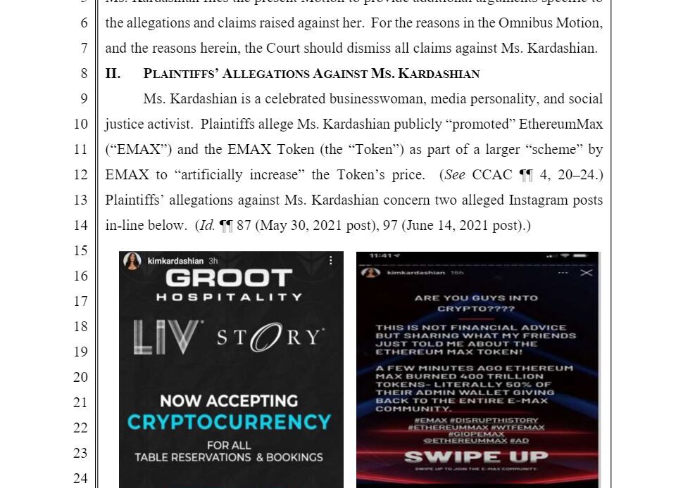 Kim Kardashian legal team files motion to dismiss EthereumMax crypto lawsuit