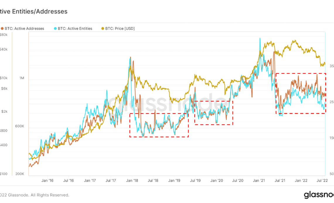 Stagnating active addresses and entities show we’re in a typical bear market