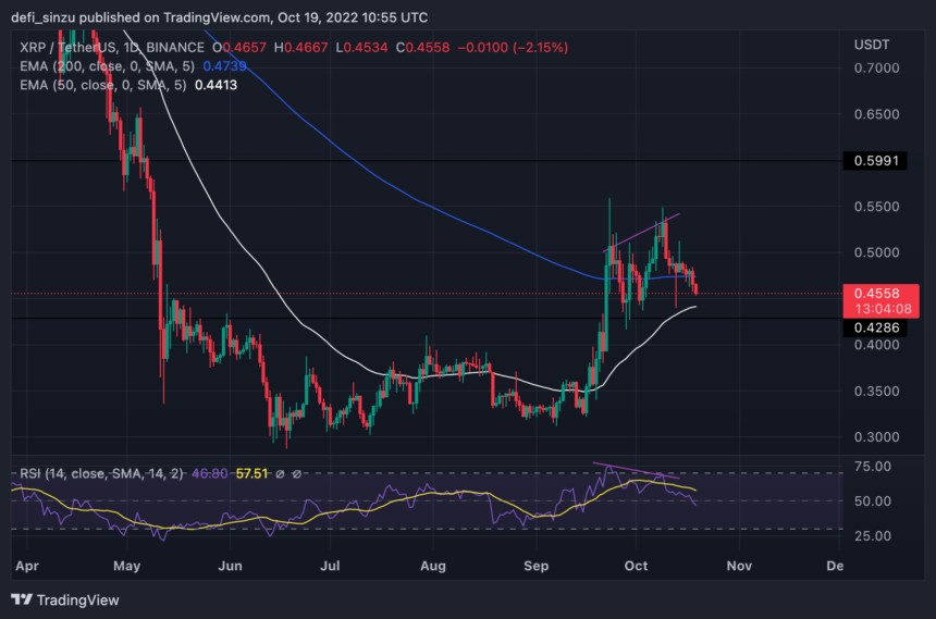 Ripple (XRP) Clings To Support As Bearish Divergence Plays Out; Will $0.44 Hold?