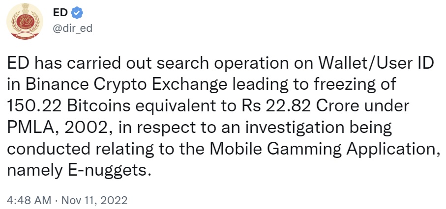 Indian Authority Freeze 150 Bitcoins Held at Binance Crypto Exchange