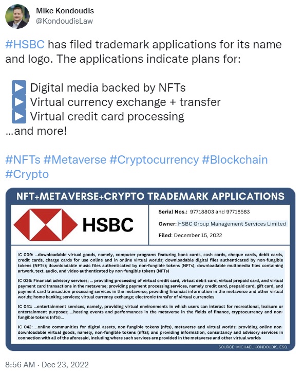 Banking Giant HSBC Files Trademarks for a Wide Range of Digital Currency and Metaverse Products