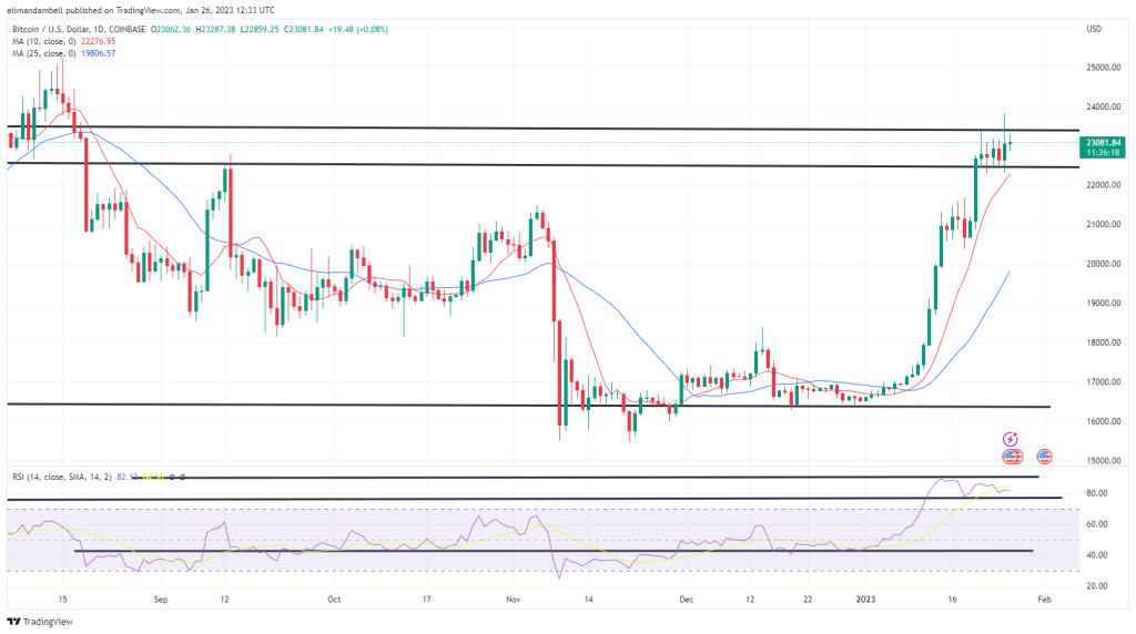 Bitcoin, Ethereum Technical Analysis: BTC Back Above $23,000 Following Tesla Q4 Earnings Report