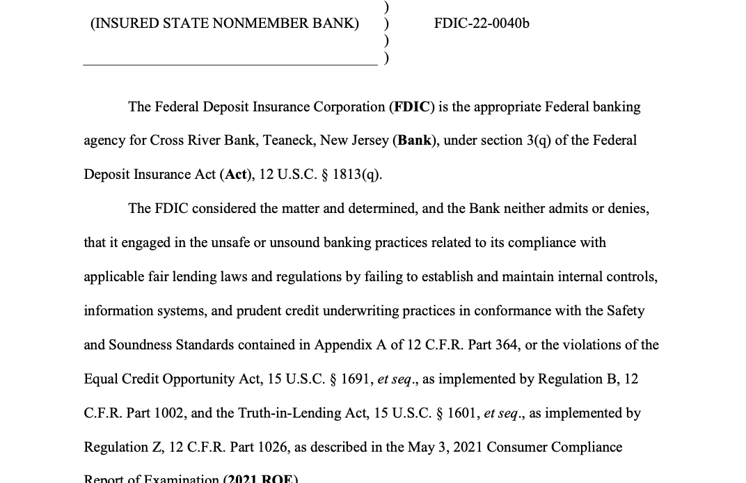 FDIC alleges Cross River engaged in 'unsafe' lending practices