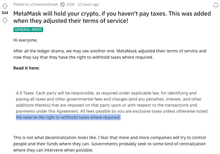 Is MetaMask withholding customers' crypto for taxes? No, it’s not.
