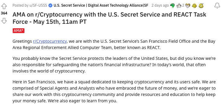 US Secret Service holds crypto, praises blockchain tech in Reddit AMA