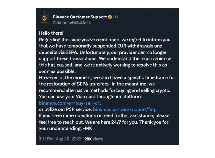 Binance limits withdrawals in Europe, cites payment processor issues