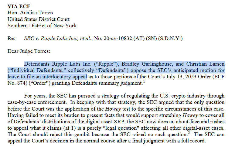 Ripple Labs bites back against SEC's request to file appeal