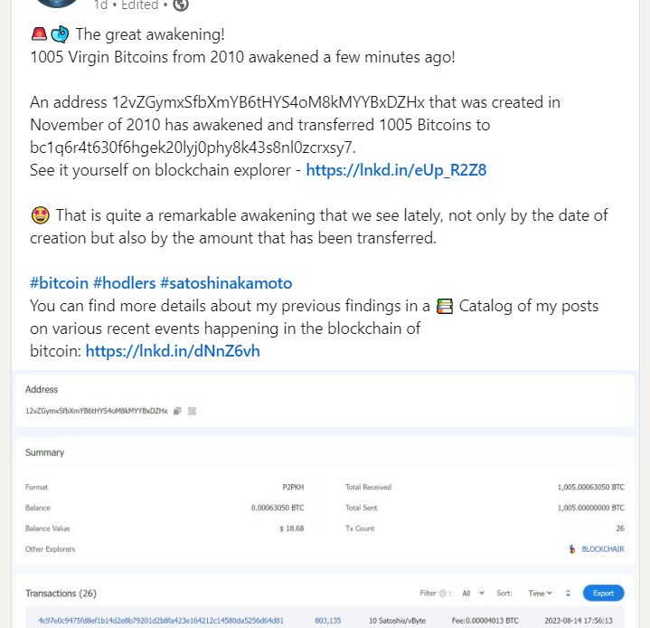 Satoshi-era Bitcoin awakens - 1005 BTC mined in 2010 on the move