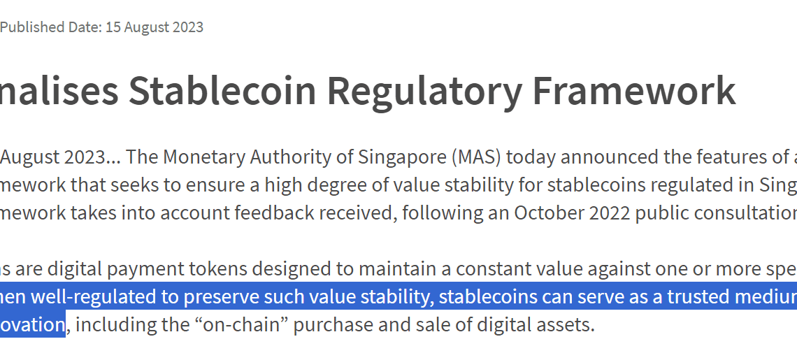 Singapore central bank releases regulatory framework for stablecoins