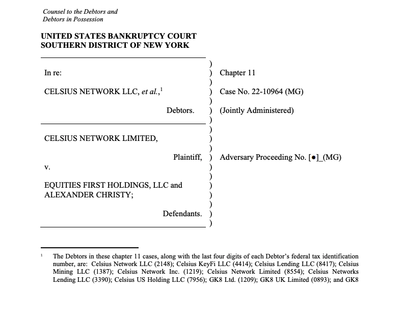 Celsius Network files 'adversary complaint' against EquitiesFirst