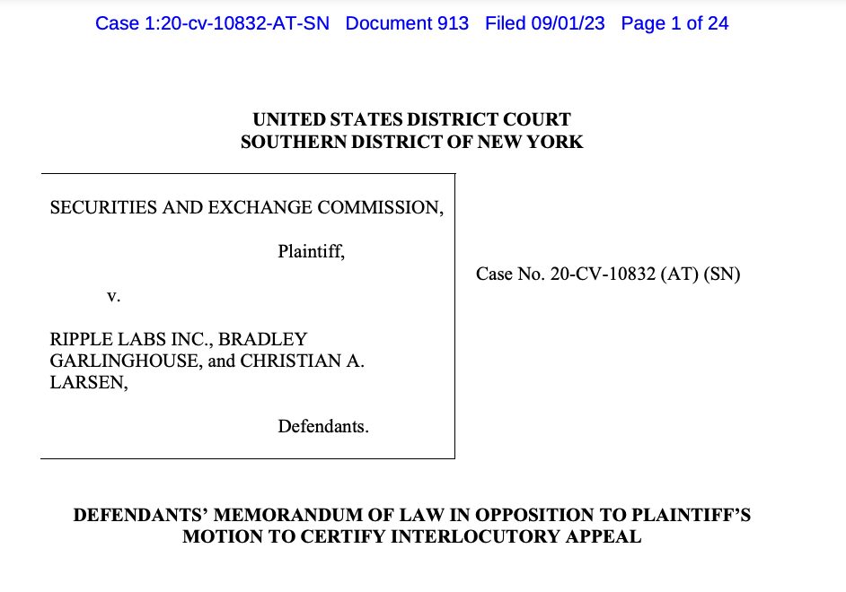 Ripple legal team opposes SEC appeal over XRP decision