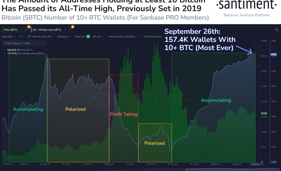 Bitcoin Sees Historic Rise in Shark and Whale BTC Wallets, Records New High: Santiment