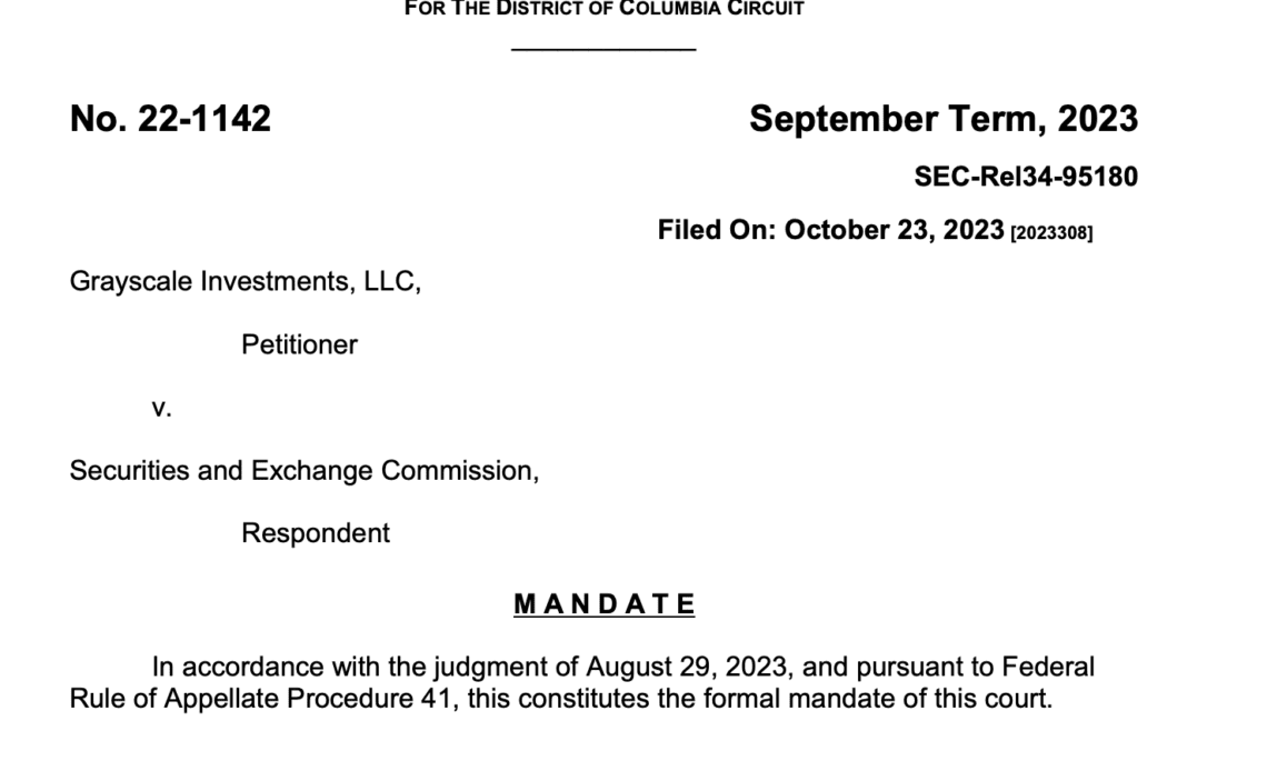 US Court issues mandate for Grayscale ruling, paving way for SEC to review spot Bitcoin ETF