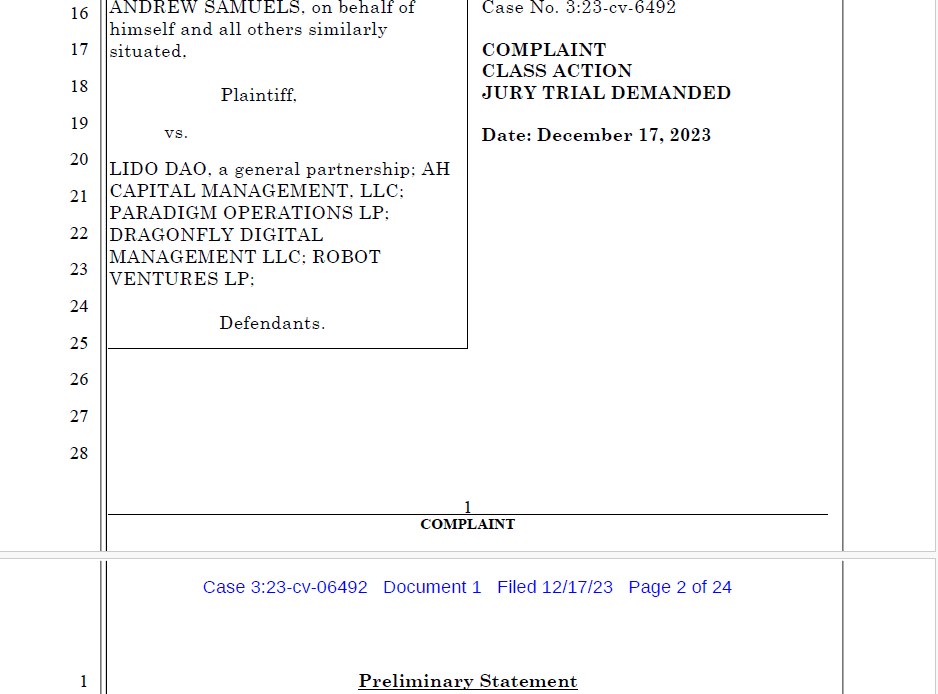 Former Lido holder files class action lawsuit against Lido DAO for crypto losses