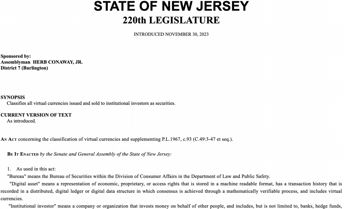 New Jersey bill would make crypto sold to institutional investors a security