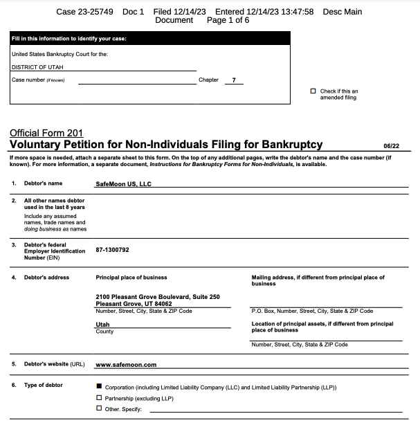 SafeMoon falls 31% in five hours after filing for Chapter 7 bankruptcy