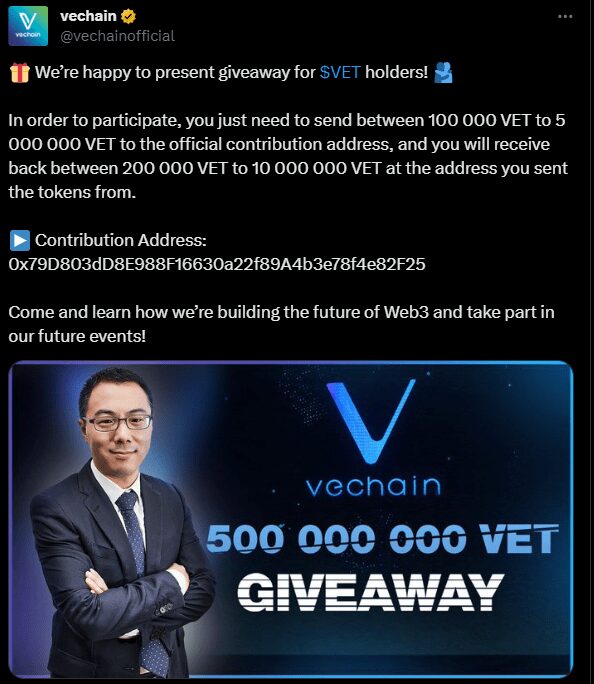 VeChain’s X Social Media Account Promotes False Giveaway Scam After Hack, Project Promises To Reimburse Victims