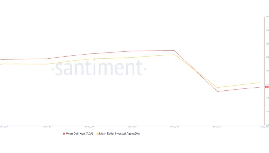 ADA's mean coin age and mean dollar invested age declining. 