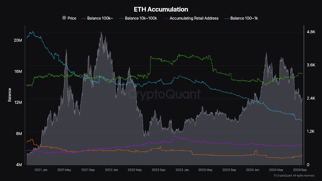 Ethereum accumulation by large to mid-sized holders.